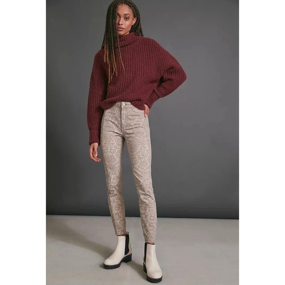 Anthropologie Pilcro Flocked High Rise Denim Leggings Damask Size 32 Casual EUC